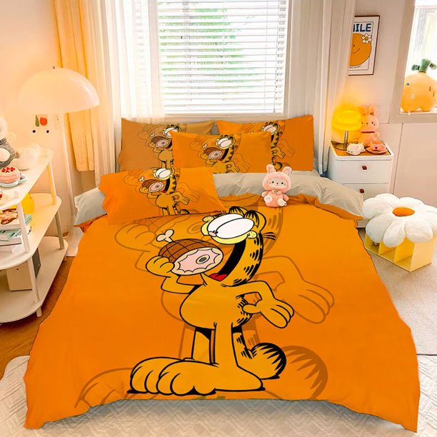 v1449 Bed Sheets Cartoon Printed Bedding Set Garfield Anime Duvet Cover Pillowcases for Christmas Girl Boy Gifts 3-Piece Bedding Set (1 Duvet Cover + 2 Pillow Shams) Bed Sheets ju1449
