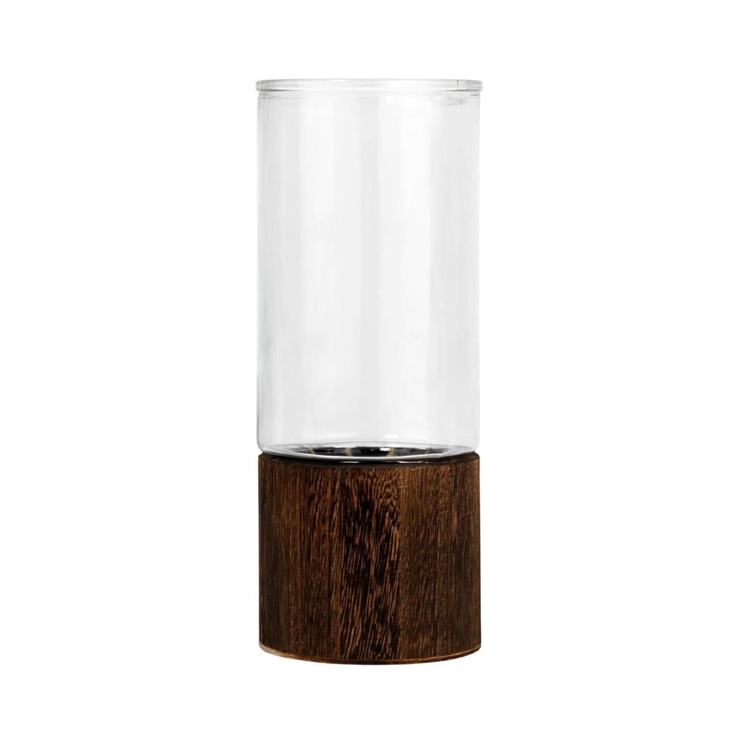 Fliperex - Florero Decorativo De Vidrio Cristal Liso Base De Madera Blanco