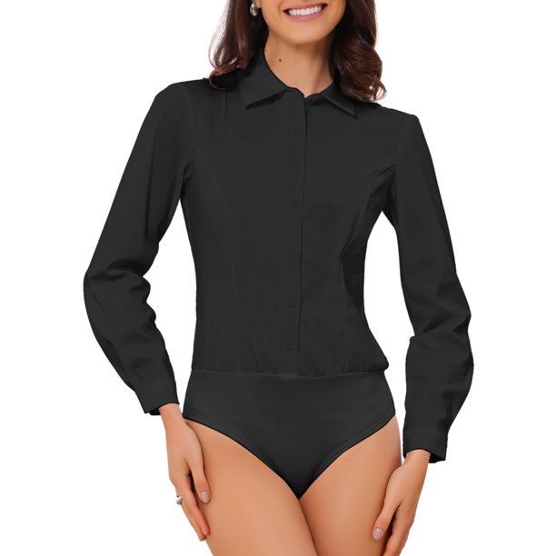 INSPIRE CHIC Camisa de Trabajo para Mujer con Botones, Cuello con Solapa, Manga Larga, Talla M, Negro