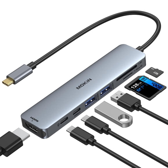 Adaptador HDMI USB C Hub MOKin 7 en 1 con lector de tarjetas SD/TF 100W PD