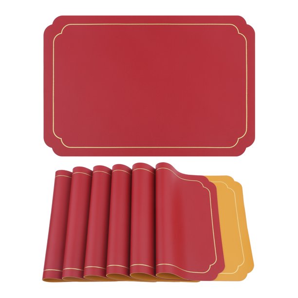 REGALWOVEN Juego de 6 Manteles Individuales de Cuero para Decoración de Mesa de Cocina y Comedor Lavables Resistentes al Calor Manteles Individuales Limpiables Rojo+Amarillo 18*12in