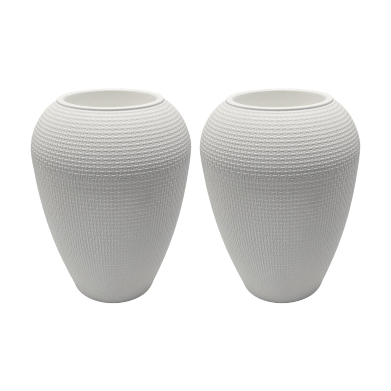 Fliperex - Set 2 Maceteros Plastico Redondo Ovalado Moderno Textura M Blanco