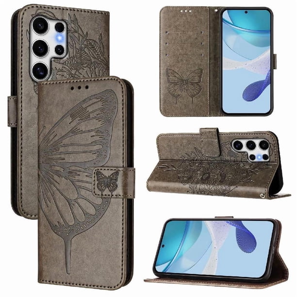 Funda Cartera Mariposa Para Samsung Galaxy S25 Ultra Con Soporte Y Ranuras Para Tarjetas Gris