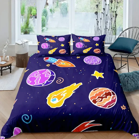 x977 Bed SheetsRocket Duvet Cover Set Size Spaceship Bedding Set Twin Microfiber Outer Space Galaxy Stars Planet Cartoon Style Quilt Cover 3-Piece Bedding Set (1 Duvet Cover + 2 Pillow Shams) nj977