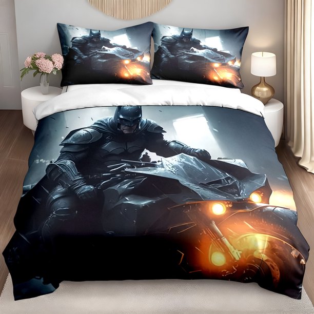 3pcs Bedding set Dark Knight On Motorcycle Graphic Print Duvet Cover Set | 3pcs Themed Bedroom Decor Valentine'S Day Gift