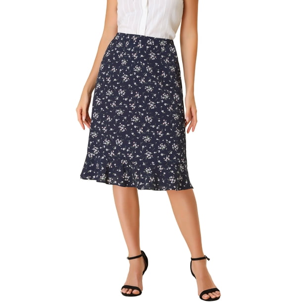 INSPIRE CHIC Falda Midi Floral de Cintura Alta con Línea A y Largo a la Rodilla para Mujer, Azul Oscuro M
