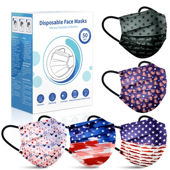 Mascarilla desechable NEWLA con la bandera de EE. UU., 4 capas, paquete de 50 unidades para adultos
