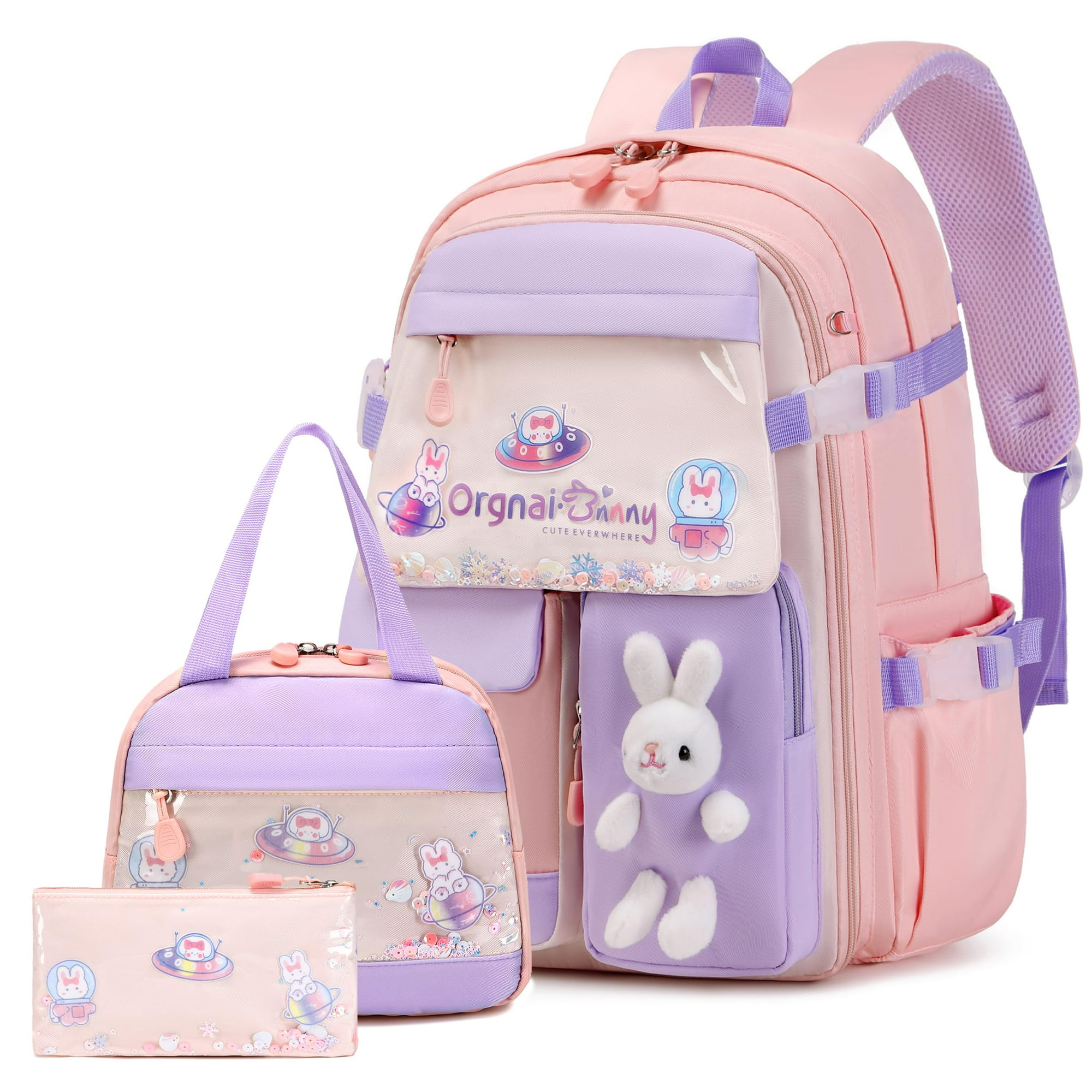 Mochila Fixitok, Diseño De Conejito Kawaii Para Niñas, Con Lonchera Y Estuche Para Lápices