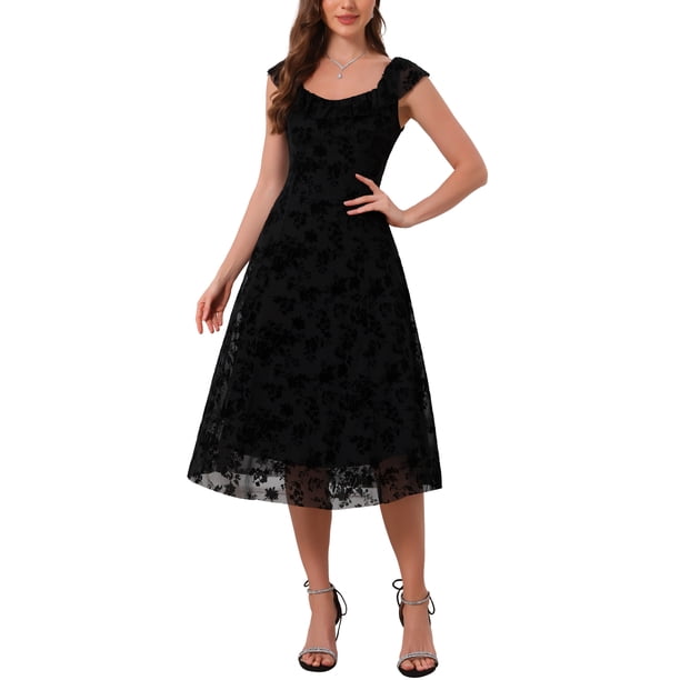 Vestido de Malla Gótico Vintage con Cuello Corazón sin Mangas y Volantes Floral Jacquard Línea A para Mujer INSPIRE CHIC M Negro