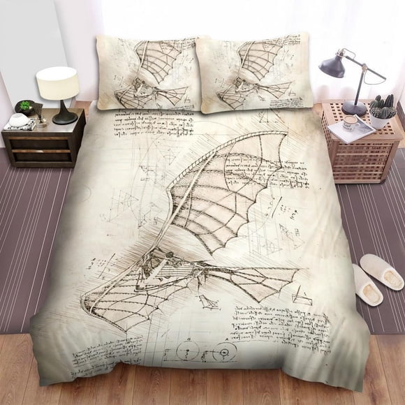 Da Vinci Inspired Sketches Flying Machine Quilt Duvet Cover Set Doona Cover Kids3-Piece Bedding Set