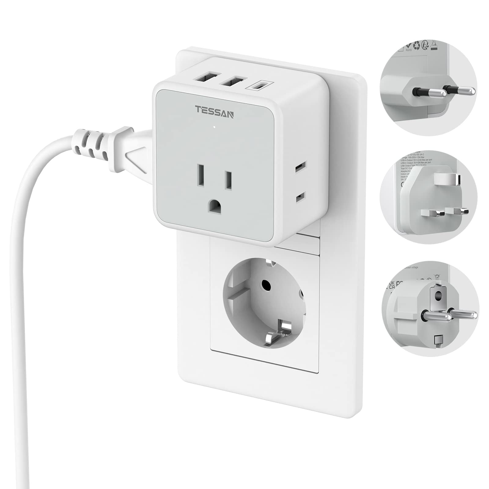 Adaptador De Enchufe De Viaje Tessan Para Todo El Reino Unido Europeo Con 3 Enchufes Y 3 Usb