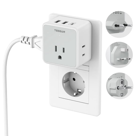 Adaptador de enchufe de viaje TESSAN para todo el Reino Unido europeo con 3 enchufes y 3 USB