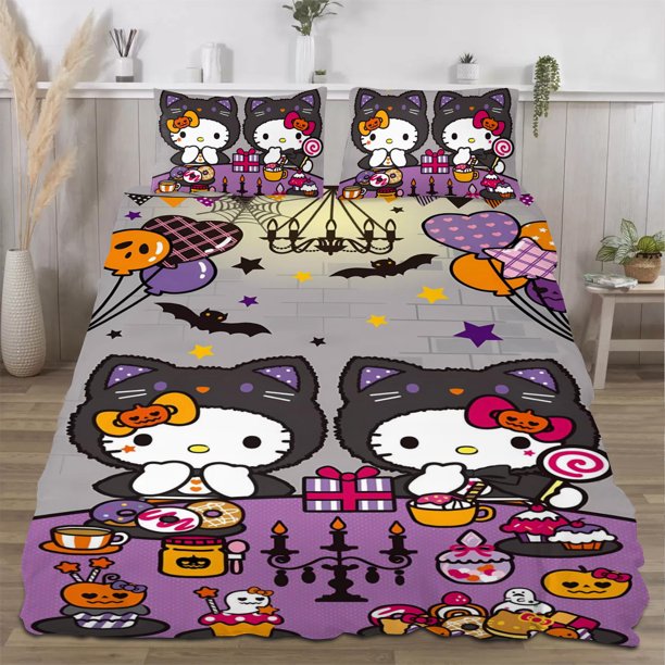 Halloween Hello_Kitty_ Quilt Set FullSoft Lightweight Quilts Quilted Bedspreads3 Pieces Set Queen SizeColorful Cartoon Print All Season 173*218CM