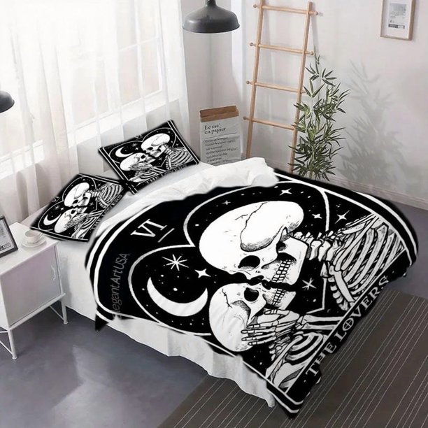 3pcs Gothic Lovers VI Duvet Cover Set - Skull Bat Wing Design All-Season Soft Bedding with Zipper Closure