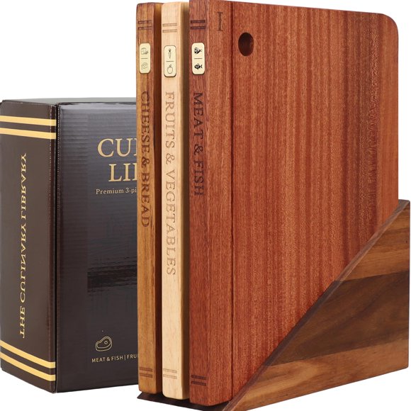 Juego de 3 Tablas de Cortar de Madera con Forma de Libro y Soporte NKDFRI