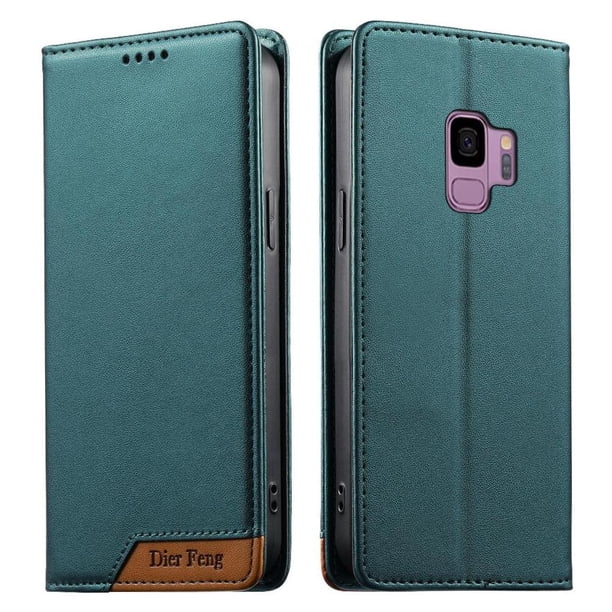Funda Tipo Cartera de Cuero Sintético para Samsung Galaxy S9 Bloqueo RFID, con Ranuras para Tarjetas y Bolsillo para Efectivo, Cierre Magnético Fuerte Verde