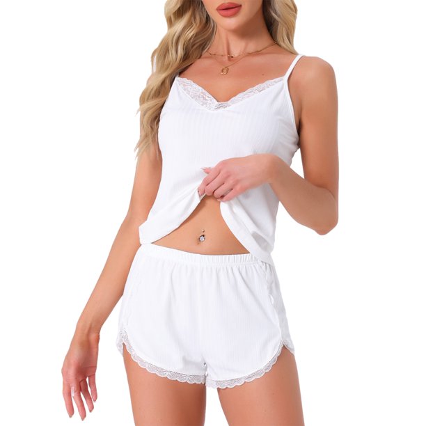 INSPIRE CHIC Conjuntos de Pijama para Mujer Conjunto de Ropa de Dormir Sin Mangas Tejido de Canalé con Encaje y Escote en V Camiseta con Pantalones Cortos Lencería Talla L Blanco