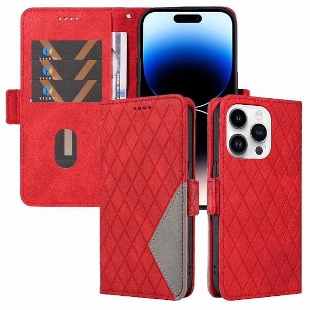 Funda Cartera para iPhone 14 Pro con Tarjetero Soporte y Correa Rojo