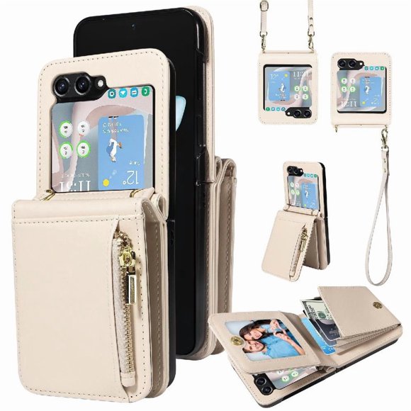 Funda tipo cartera para Samsung Galaxy Z Flip5 con bloqueo RFID, correa cruzada y soporte Beige