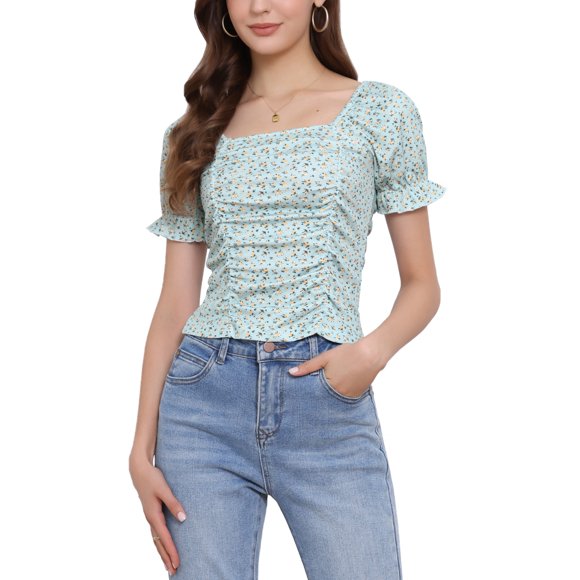 INSPIRE CHIC Blusa corta con nido de abeja elegante para mujer, ajuste delgado, floral, estilo campesino, color cian, talla M