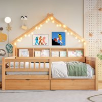 M&Ms - Wood Full Size House Platform Beds With Led, Storage Shelves, Drawers And Guardrail, Natural