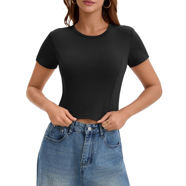 ATHLECHIC Camisetas Básicas de Verano para Mujer Crop Tops de Manga Corta con Costuras Cuello Redondo Ajustado Tops de Entrenamiento Y2k Camisetas S Negro