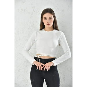 Home Fashion - Polera Mujer Crop Con Escote Detras Manga Larga Blanco Talla S