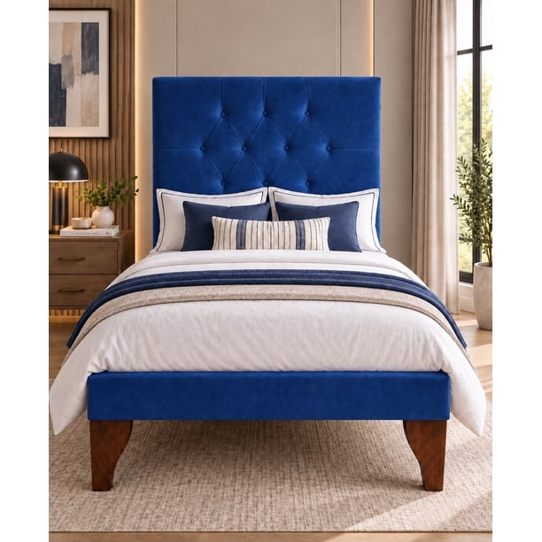 Cama 1.5 plaza + Respaldo 1.5P Capitone Azul Capitone + Colchón 1.5P Mery Desing