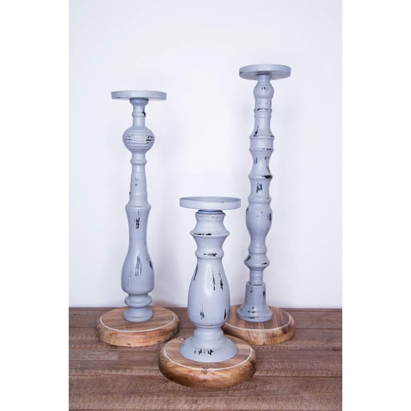 Juego de 3 portavelas con forma de pilar de madera y metal envejecido