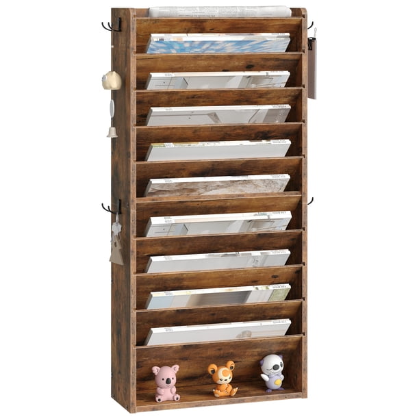 Organizador de archivos de pared CHOEZON de 10 niveles con 4 ganchos laterales, color marrón