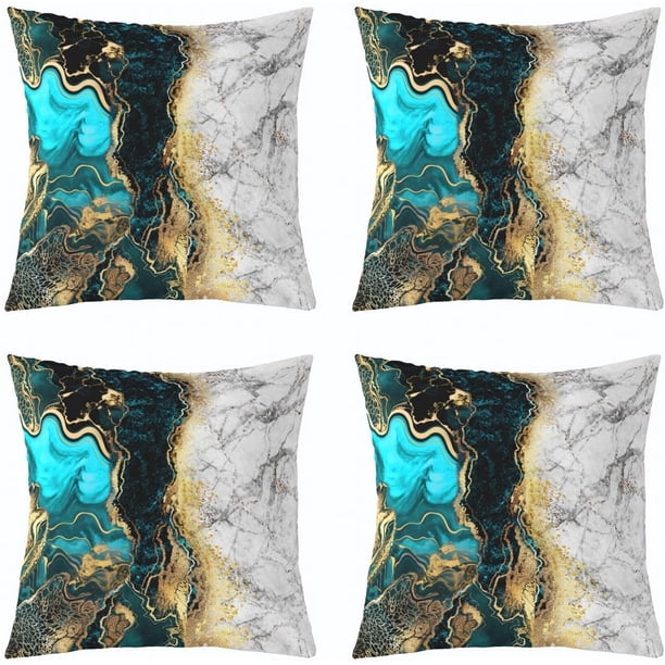 Fundas cojín mármol turquesa 4 uds 45x45 cm abstracto dorado negro bronce lentejuelas