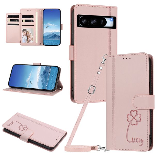Funda Cartera Trébol para Google Pixel 8 Pro con Ranuras Tarjetas y Carga Inalámbrica Rosa