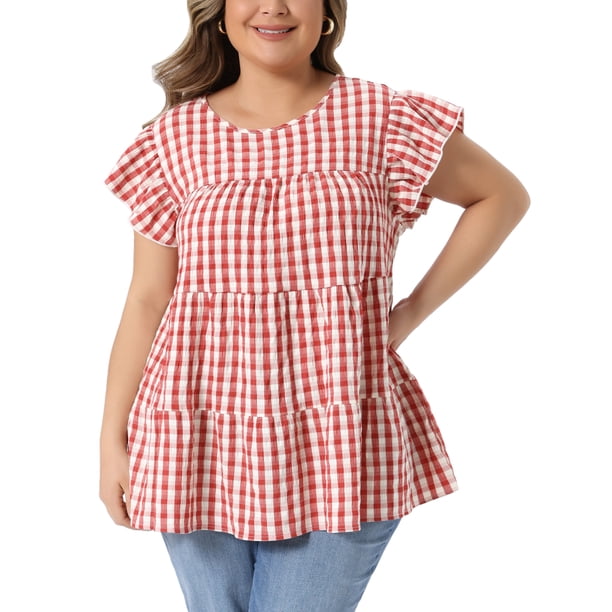 Agnes Orinda Blusa de Mujer Talla Grande de los Años 50 Cuello Redondo de Cuadros Mangas Cortas Acampanadas Blusa de Verano Babydoll Talla 2X Roja
