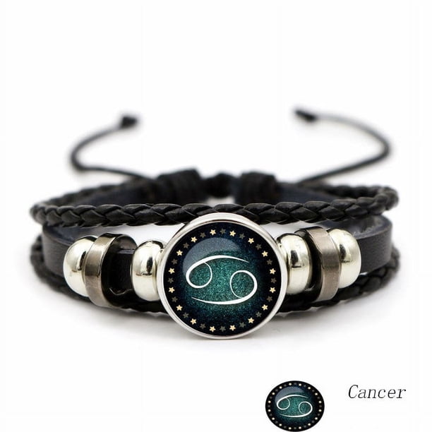 Luminous Twelve Constellation Artificial Gemstone Bracelet ,Beaded Rope PU Leather 12 Constellation Woven Bracelet