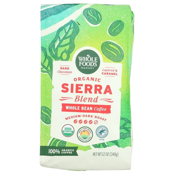Café en grano entero orgánico Sierra, tueste medio oscuro, 340 ml