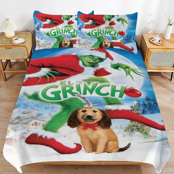 Christmas Grinc-h Grin-ch 3 PCS Comfort Set with 2 Pillowcases,Christmas Grinc-h Grin-ch Bedding Set Sheet Set for Kids Adults,All Season Lightweight Bedding Set for Bedroom Bed Do