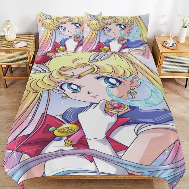 Sailor Moon Bedding Sets Ultra Soft Skin-Friendly Duvet Cover 3 Piece, Cute Comforter Cover Bed Set for Boys Girls Kids