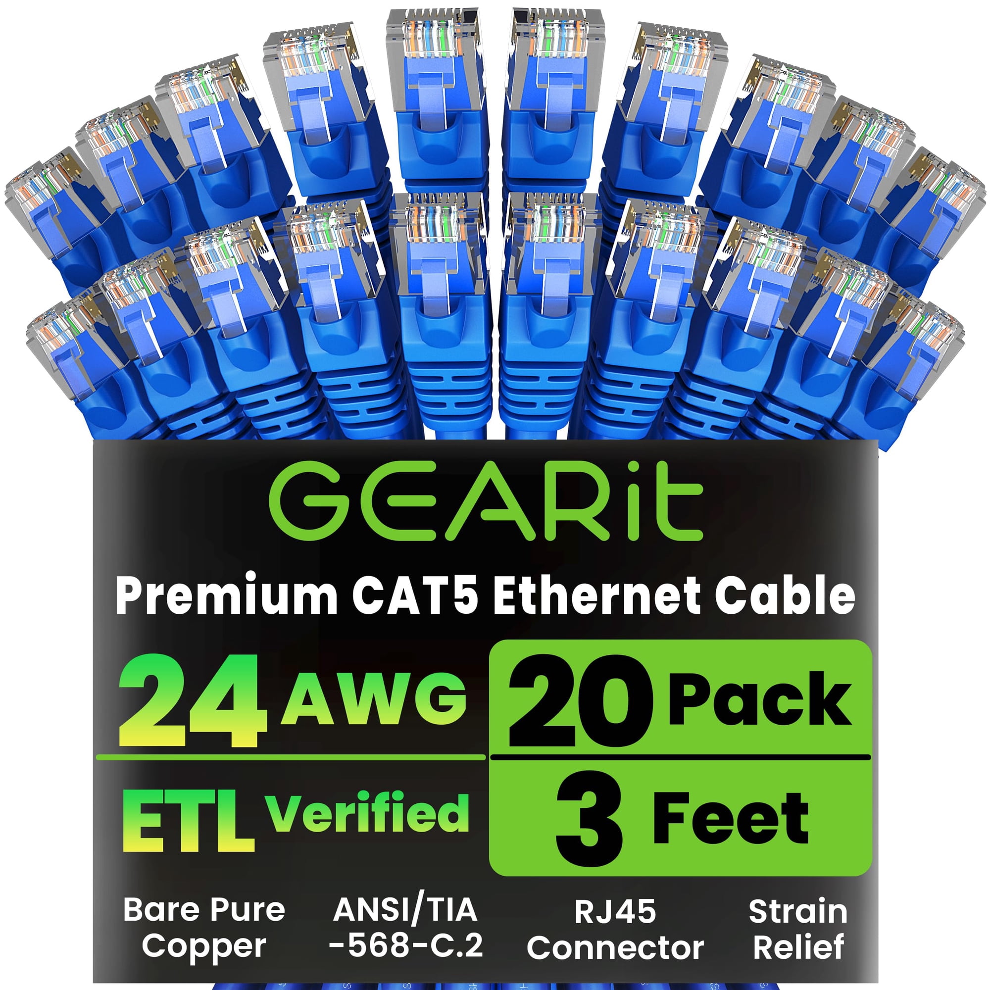Cable De Conexión Ethernet Gearit Cat5e, 3 Pies, Paquete De 20, Azul
