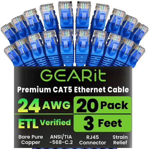 Cable De Conexión Ethernet Gearit Cat5E, 3 Pies, Paquete De 20, Azul