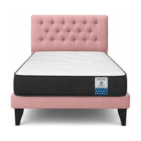 Cama 1.5 Plaza Palo Rosa Capitone + Colchón Ortopedico