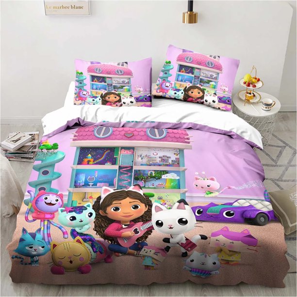 Gabbys Cartoon Dollhouse Bedding Set,Duvet Cover Comforter Bed Set Quilt Cover Pillowcase, Boys Girls Adults Bed Sheets