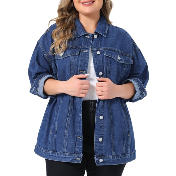 Chaqueta de Mezclilla para Mujer de Talla Grande Agnes Orinda con Botones, Solapa y Manga Larga, Estilo Boyfriend, Casual, 2X Azul Oscuro