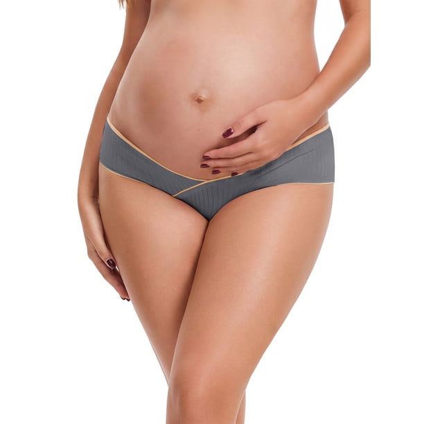INSPIRE CHIC Ropa interior de embarazo de mujer de tiro bajo acanalada Maternidad debajo del vientre Soporte en forma de V Bragas de color contrastante XX-Large Gris