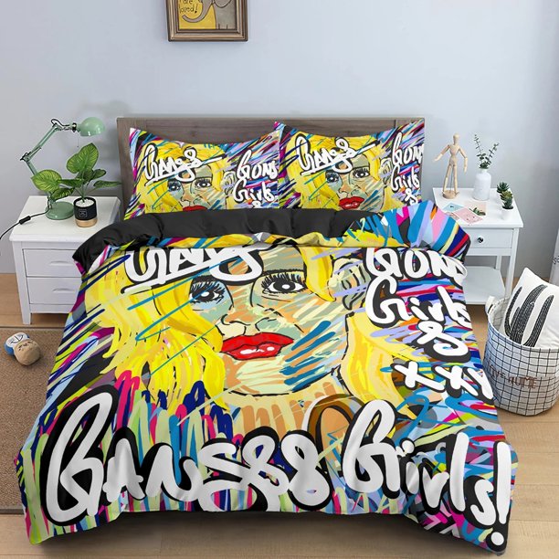 v394 Bed Sheets Cartoon Graffiti Bedding Set,Duvet Cover Comforter Bed Set Quilt Cover Pillowcase,King Queen Twin Size Boys Girls Adults 3-Piece Bedding Set (1 Duvet Cover + 2 Pillow Shams) Bed Sheets