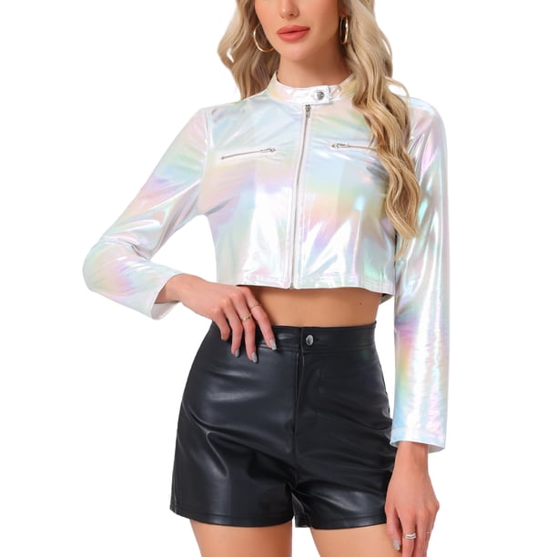 INSPIRE CHIC Chaquetas Cortas para Mujer Cuello Alto Cremallera Metálica Manga Larga Chaqueta de Fiesta M Blanco
