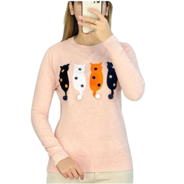 Sweater Mujer Algodón Otoño Invierno Tejido Suave Diseño Gatito 536