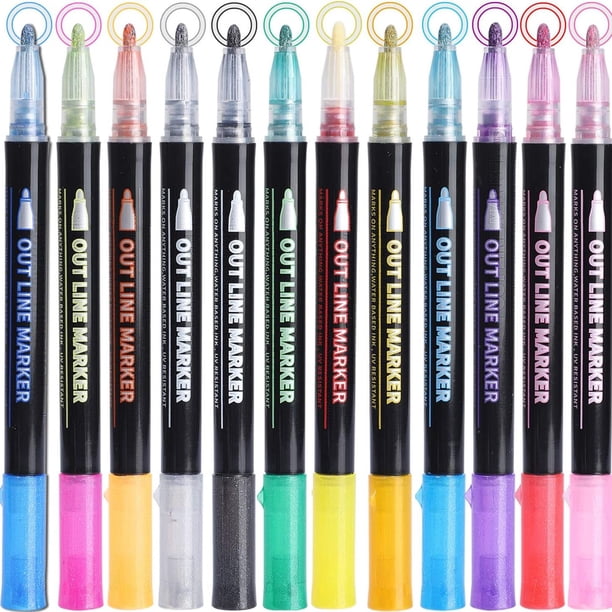 Unleash Your Creativity with 12 Colors Outline Metallic Markers Pens - Super Squiggles Double Line Pen and Magic Glitter Drawing Pens for Greeting Cards, Craft, Posters, Painting, DIY Sketching - Love