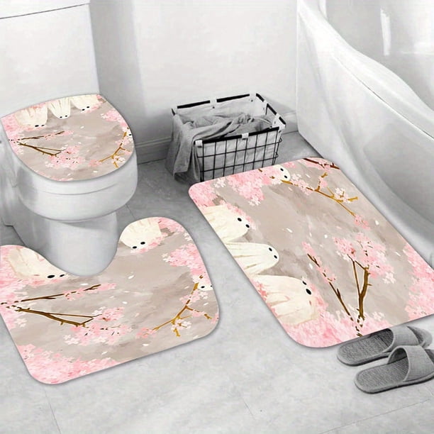 1/3pcs Modern Pink Ghost Shower Curtain Set with Non-Slip Backing and U-Shaped Toilet Mat - Soft Microfiber Bathroom Decor for Home