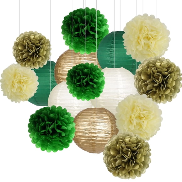Set De Decoración Para Fiestas Faroles De Papel Verde Y Dorado Con Pompones