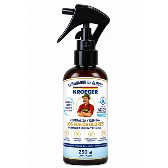 Kroeger Eliminador de Olores con Ácido Hipocloroso (HOCl) 300 ppm – 250 ml otra del Aleman de la limpieza